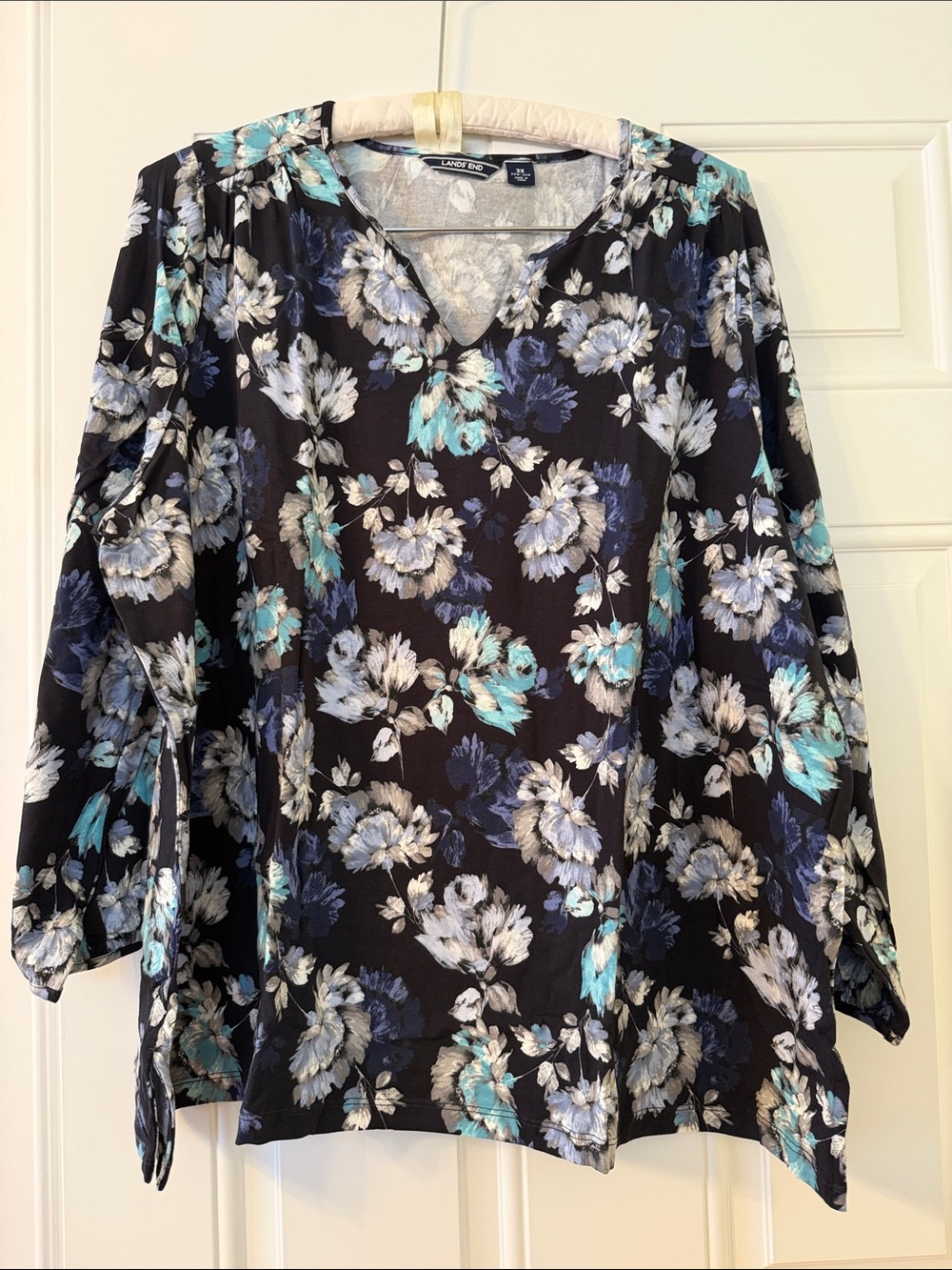 Lands' End Black Floral V-Neck Tunic with Teal & Blue Accents
